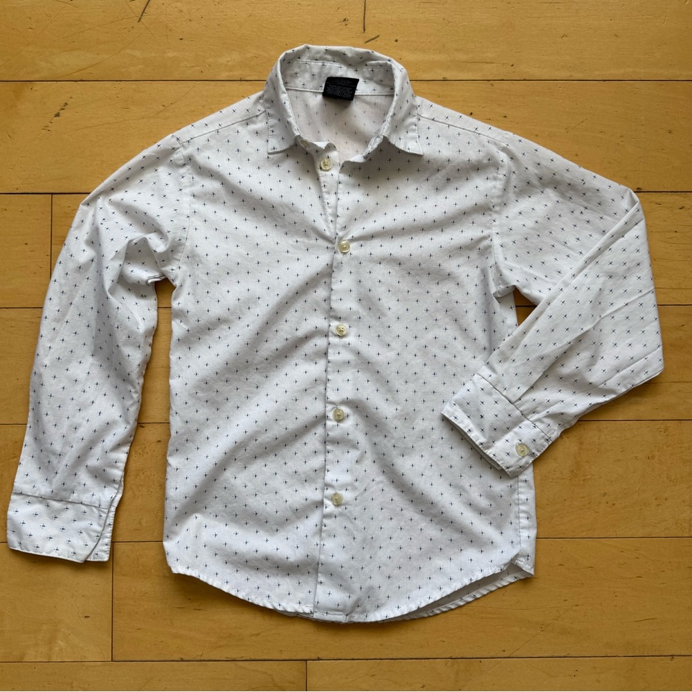 Chaps White Dot Button Down‎ Shirt, size 8, preppy, classic, cotton / polyester